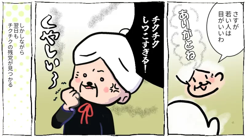 チクチクとの闘い in 田舎あるある漫画13ページ目、しつこいチクチク