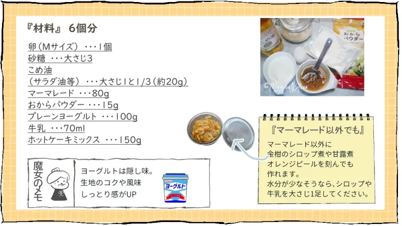 オレンジ香るおひさまマフィン漫画11段目：マーマレードおからマフィンの材料