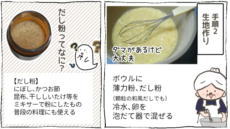 これでいい、おうちたこ焼き、野菜摂れるよ：12段目、生地作り